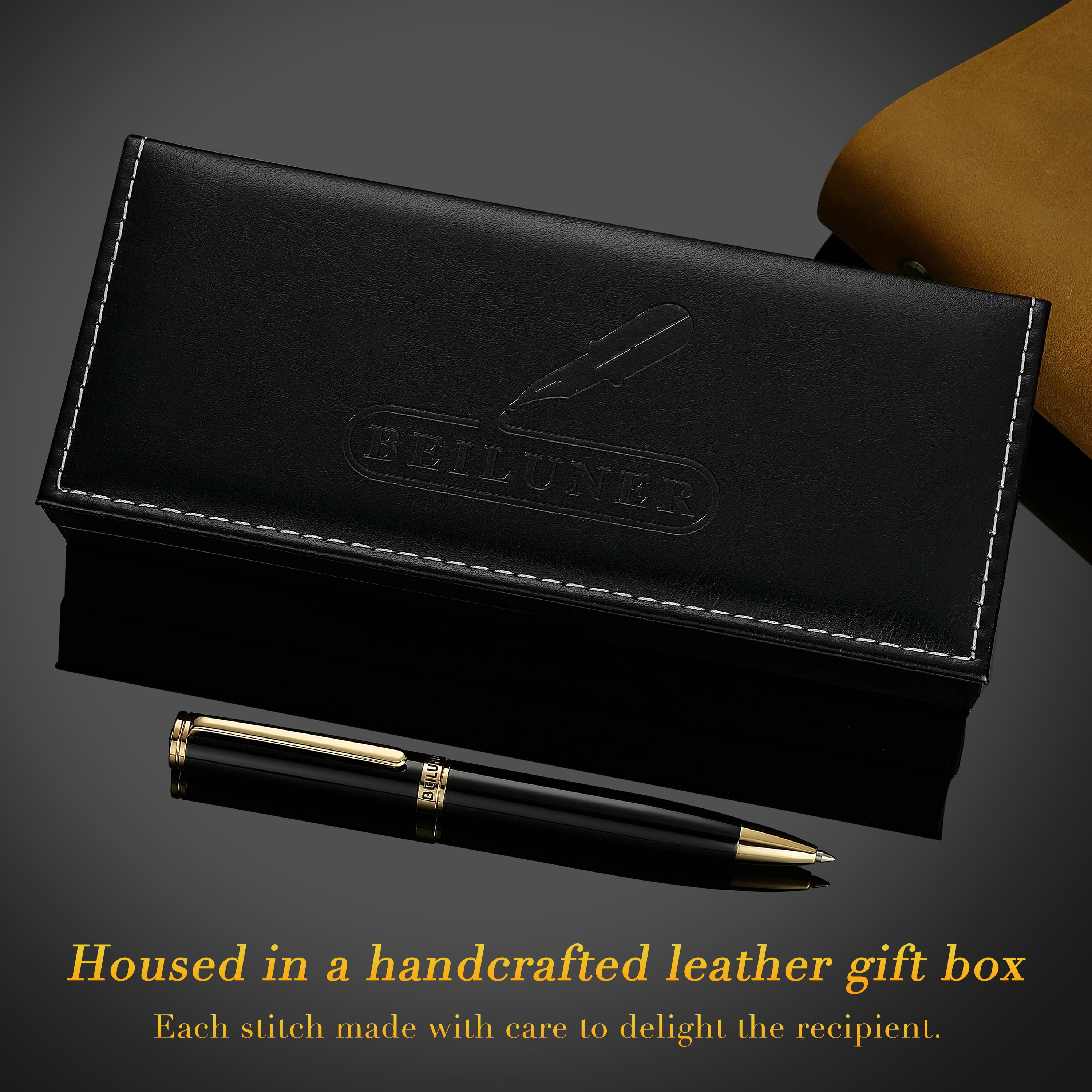 BEILUNER Black Gel Pens,Peerless Pen with 24K Gold Trim,The Exquisite Product Detail, Fancy Leather Box- Pen Gift Set for Men & Women-Executive, Office, Nice Designer Pens