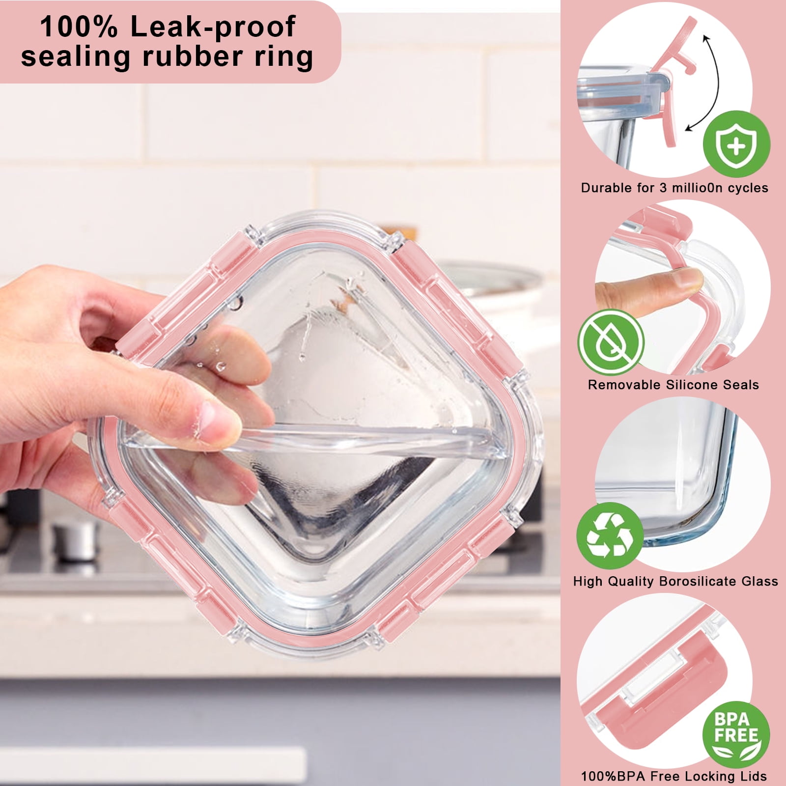 stusgo 12 Pcs Glass Storage Containers with Lids, Reusable for Kitchen Organization (12 Pcs,Pink)