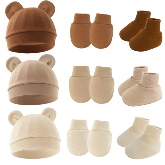 3 Set Newborn Hats Mittens Non Slip Socks Toddler Beanie Cap Toddler Girls Boys Cotton Baby Infant Caps for 0-6 Months