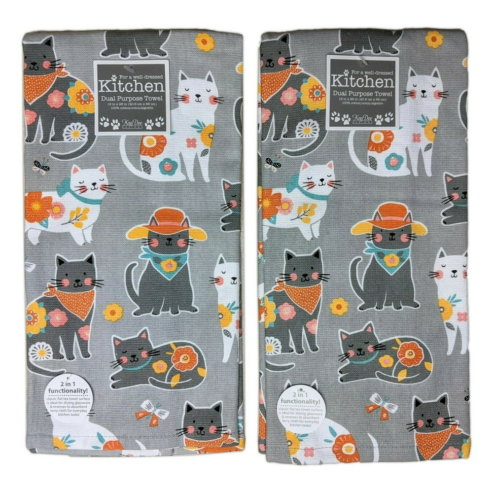 Set of 2 CAT PATCH Kitty Cat Lover Terry Kitchen Towels by Kay Dee