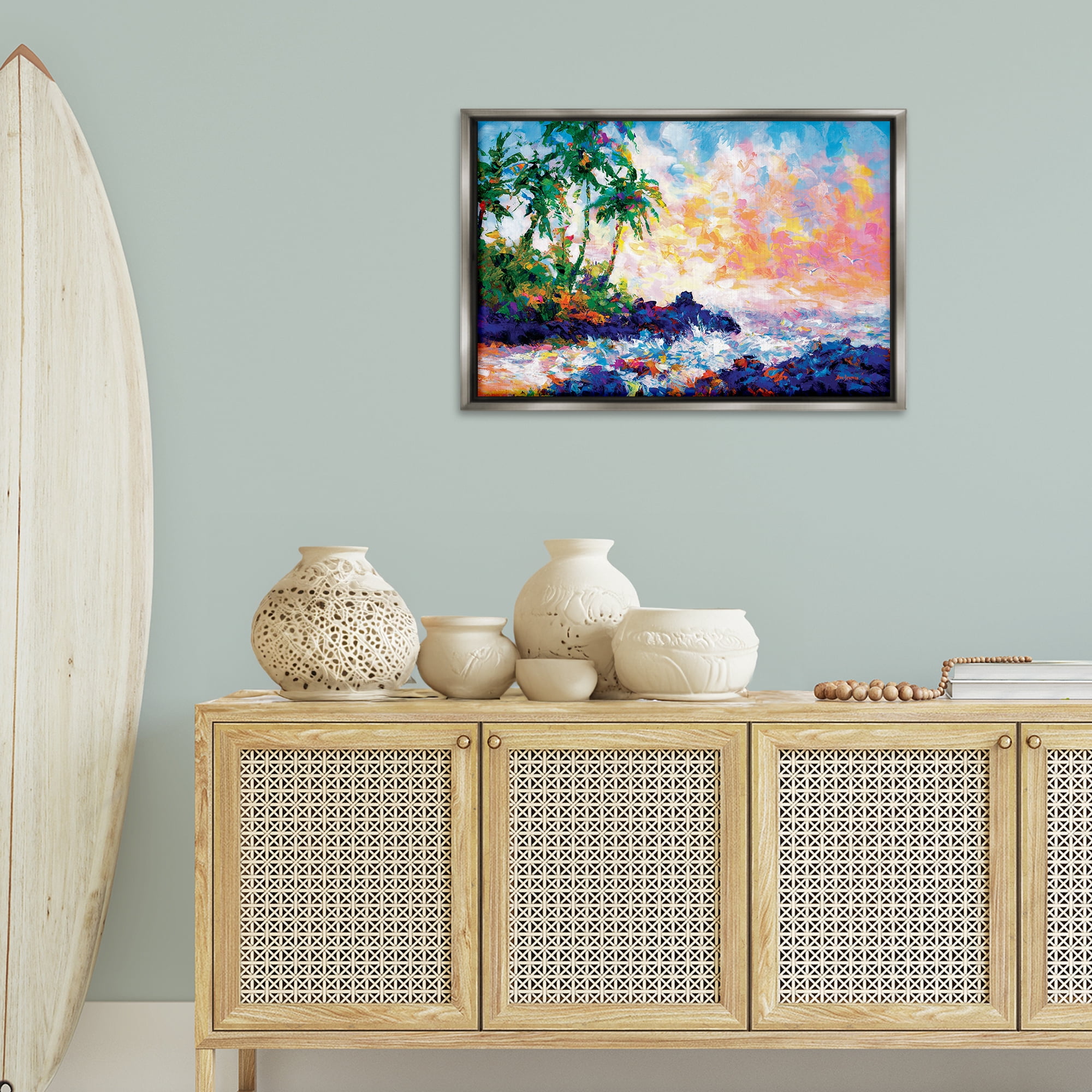 Stupell Industries Waves on Tropical Beach Landscape Painting Gray Floater Framed Canvas Art Print Wall Art, 31 x 21