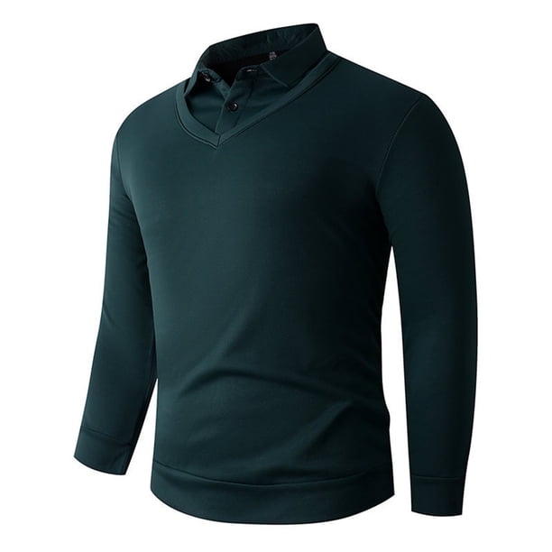 Blusa y camisa de manga larga con cuello vuelto para hombre, color liso, informal, elástica, deportiva, con botones, blusa de manga larga con cuello vuelto para hombre, tops de poliéster para hombre