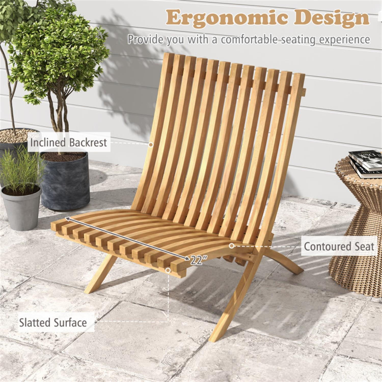 Demi Bonn Folding Teak Wood Outdoor Lounge Chair with Slatted Seat and Backrest, Patio Accent Furniture Dining Chairs for Yard, Garden, Beige