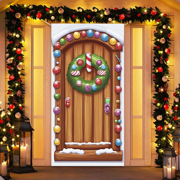 Christmas Door Cover with Giant Candy Canes & Holly Wreath,70.87" x 35.43" Front Door Banner,Winter Holiday Decor for Home/office,Xmas Party Supplies,New Year Decorations‌