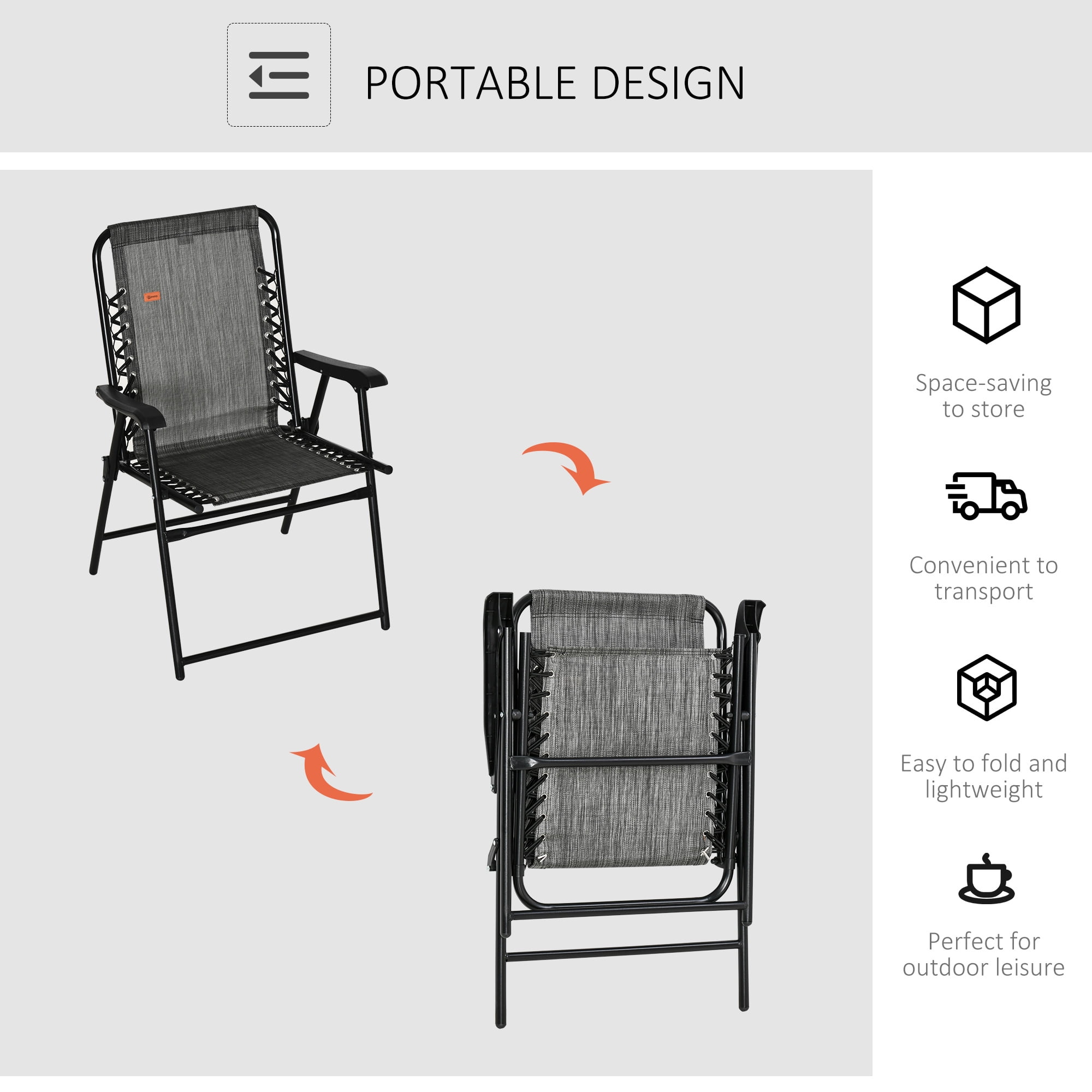 Patio Folding Bungee Sling Chair with Armrests, Portable Outdoor Lawn Chair for Camping Garden Pool Beach Backyard, Gray