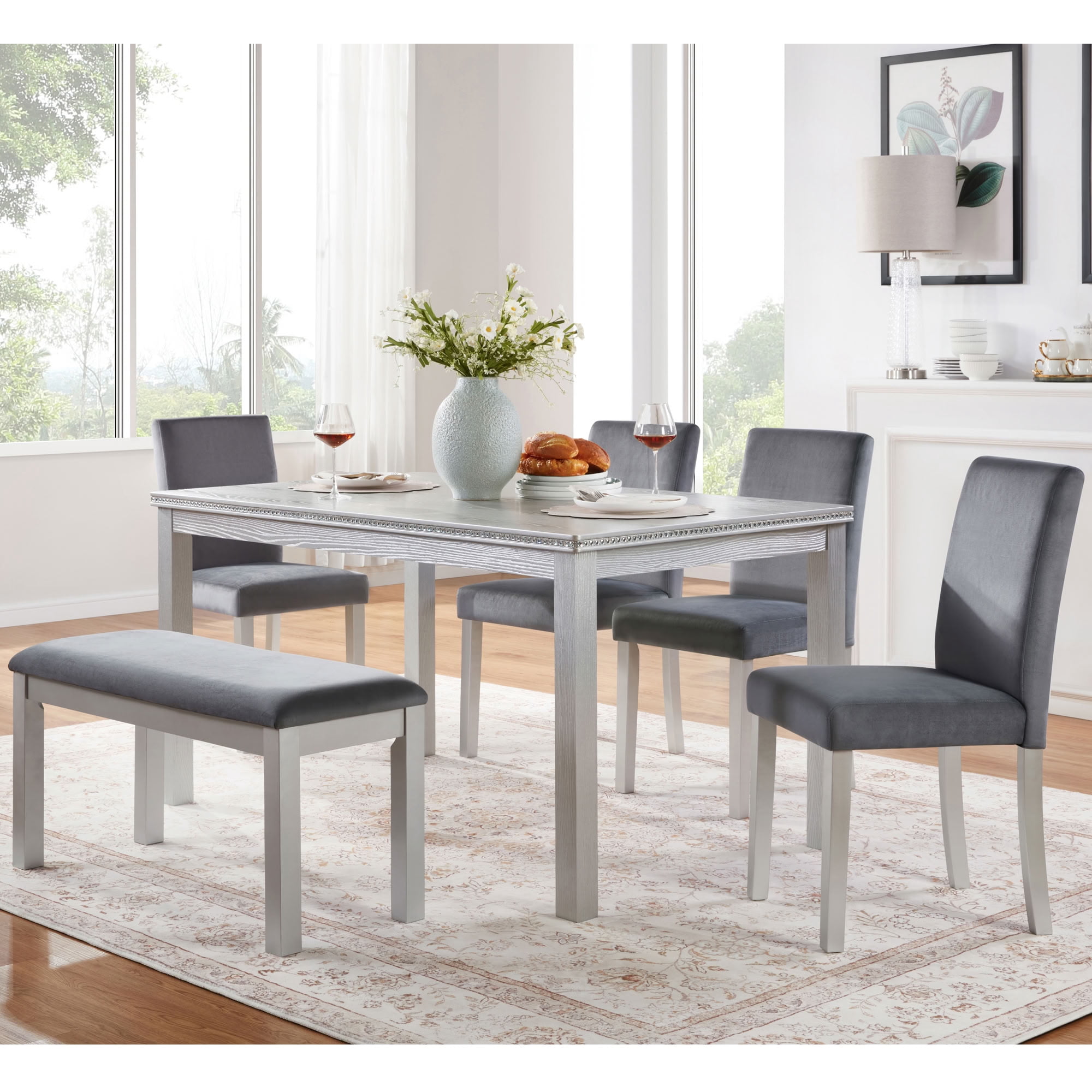 MAYEERTY 6-Piece Dining Table Set, Modern Wooden Dining Set for 6 with 4 Upholstered Chairs and Bench for Kitchen Dining Room, Silver Grey