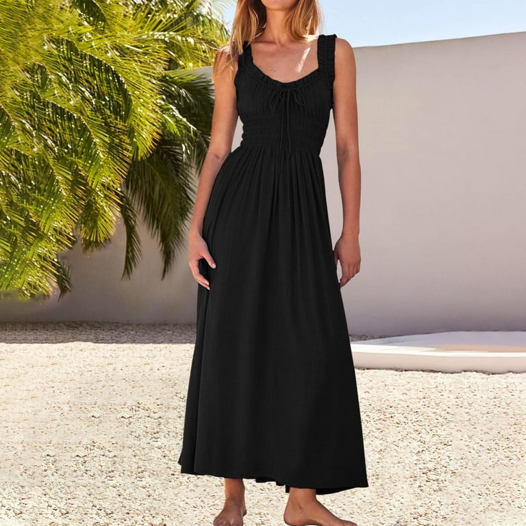 2024 Women Summer Sleeveless Smocked Empire Waist Tank Dress Beach Tiered Long Dresses Fashion Dress