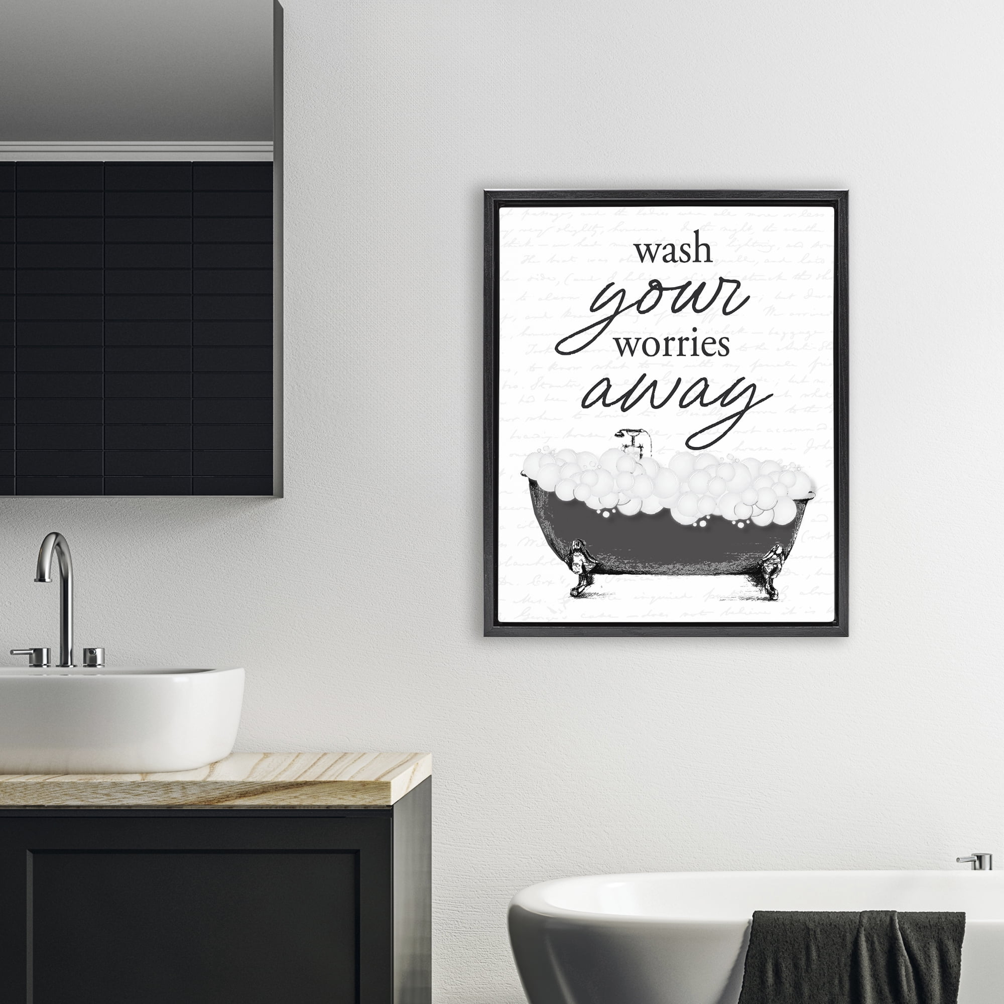 Bubble Bath Wash Worries Black Framed Floater Canvas Wall Art, design by Lettered and Lined