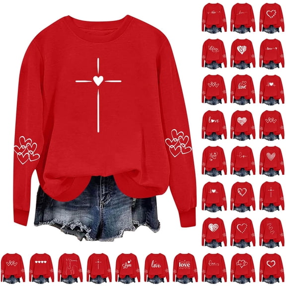 yoeyez Valentine Day Sweatshirt for Women Lightweight Love Heart Print Pullover Round Neck Long Sleeve Shirts Trendy Holiday Blouses