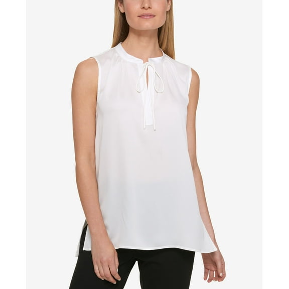 DKNY Women's Keyhole High Low Sleeveless Blouse White 14
