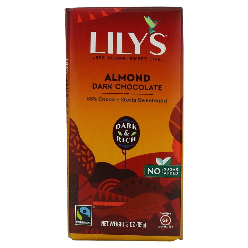 Lily's Sweets, Dark Chocolate Bar, Almond, 55% Cocoa, 3 oz Pack of 2