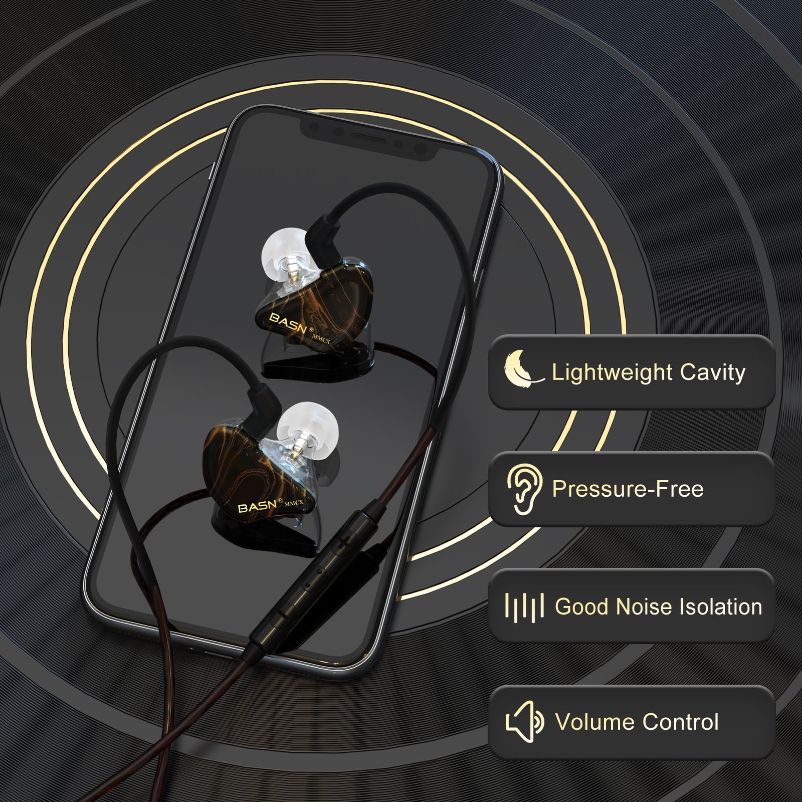 BASN MMCX Triple Driver in-Ear Monitors with Rich Bass, HiFi Stereo IEM Earphones with Upgraded Detachable Cables for Audiophiles Musicians (Golden-Black)