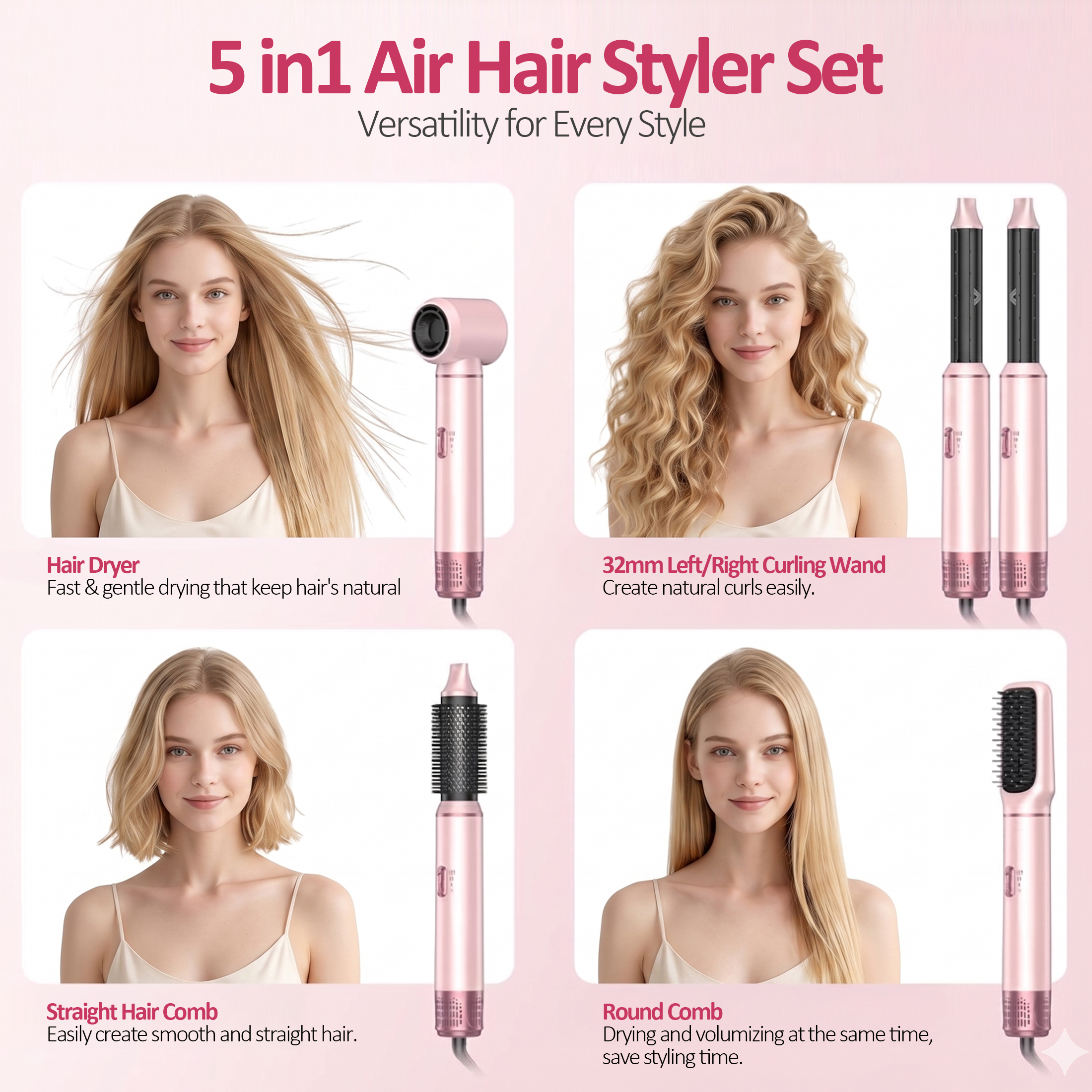 OAKSKY 5-in-1 Hot Air Brush Styler and Dryer, Pink photo 7