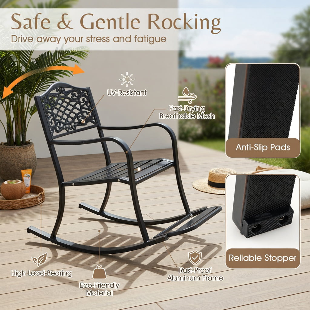Hommoo Cast Aluminum Patio Rocking Chair with Footrest, Curved Armrests & Floral Back Design, Outdoor Rocker for Backyard, Porch, Poolside, Antique Brown