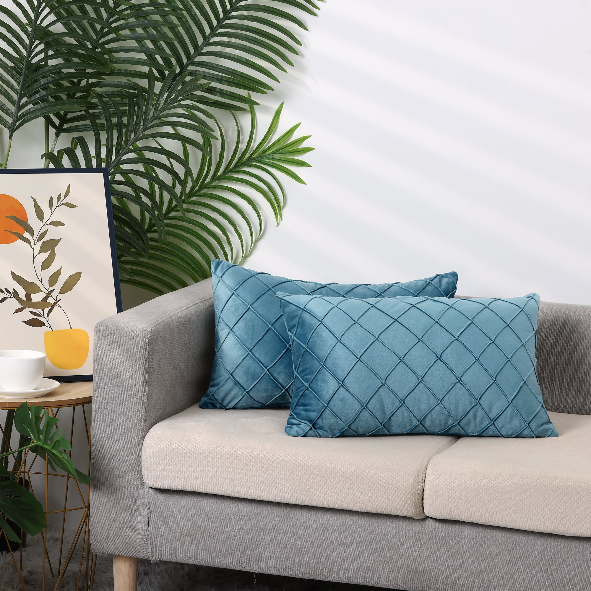 Unique Bargains 4Pcs Velvet Geometric Textured Pillow Covers Home Decor Cushion Covers Blue 12" x 20"/18" x 18"