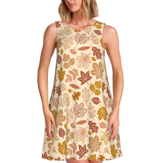 Balery Fall Leaves Vestidos de verano para mujer con estampado: vestido holgado sin mangas, vestido playero informal y cómodo para días calurosos.