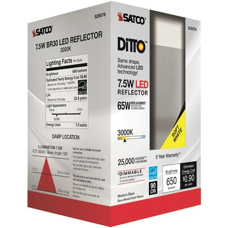 

Satco 7.5W BR30 LED Bulb - 7.50 W - 65 W Incandescent Equivalent Wattage - 120 V AC - 650 lm - BR30 Size - Frosted White - Warm White Light Color - E26 Base - 25000 Hour - 4940.3°F (2726.8°C)