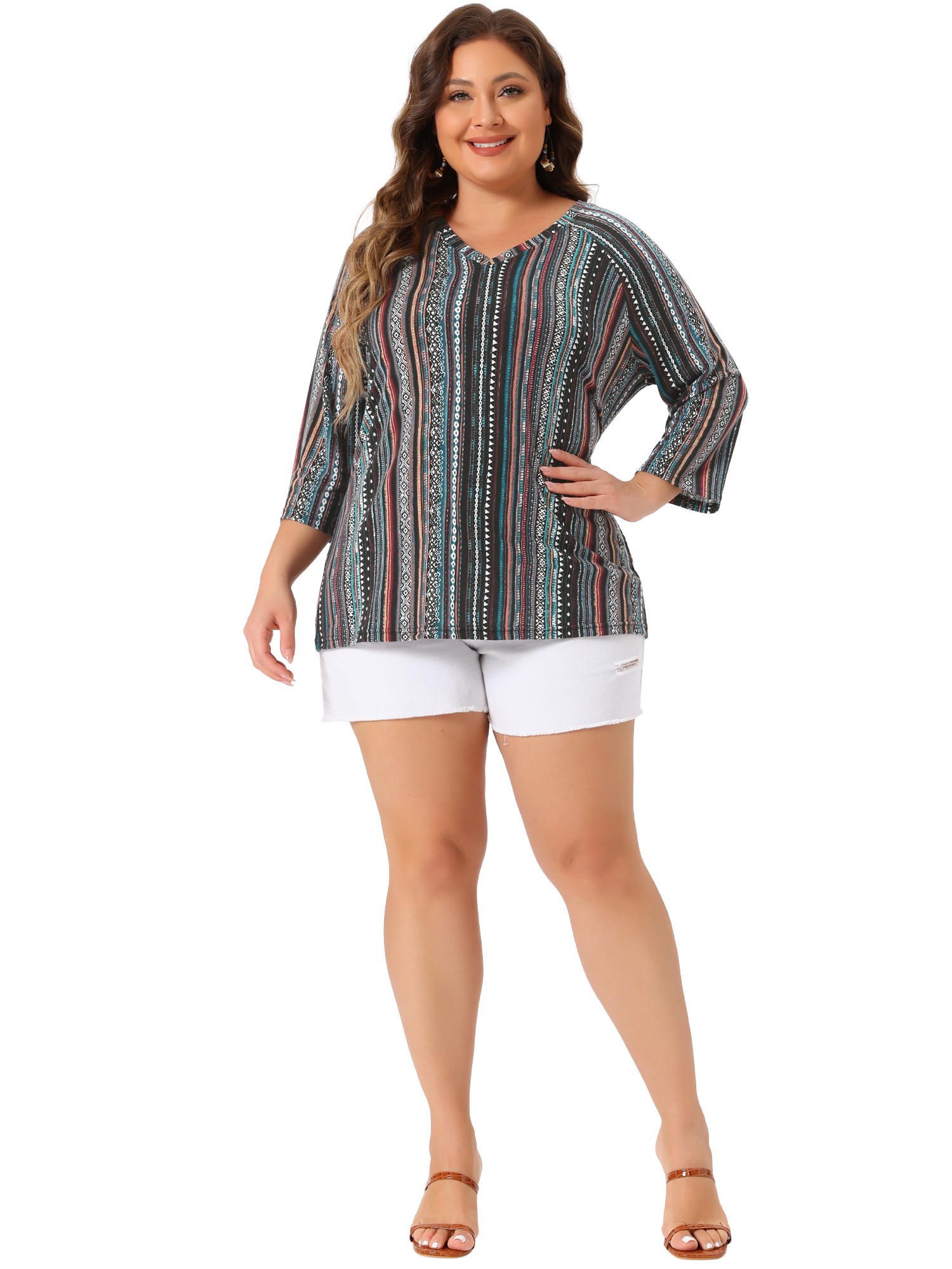 Women's Plus Tops V Neck 3/4 Sleeve Knit Blouse Tee Shirt Stripe Boho Tops 3X Green