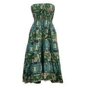 Mogul Womens Patchwork Dress Green Smocked Bodice Printed Skirts M