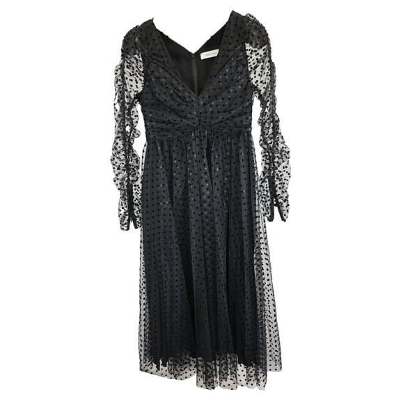 Pre-Owned Zimmermann Midi Polka Dot Tulle V-Neck Long Sleeve Dress in Black Polyester