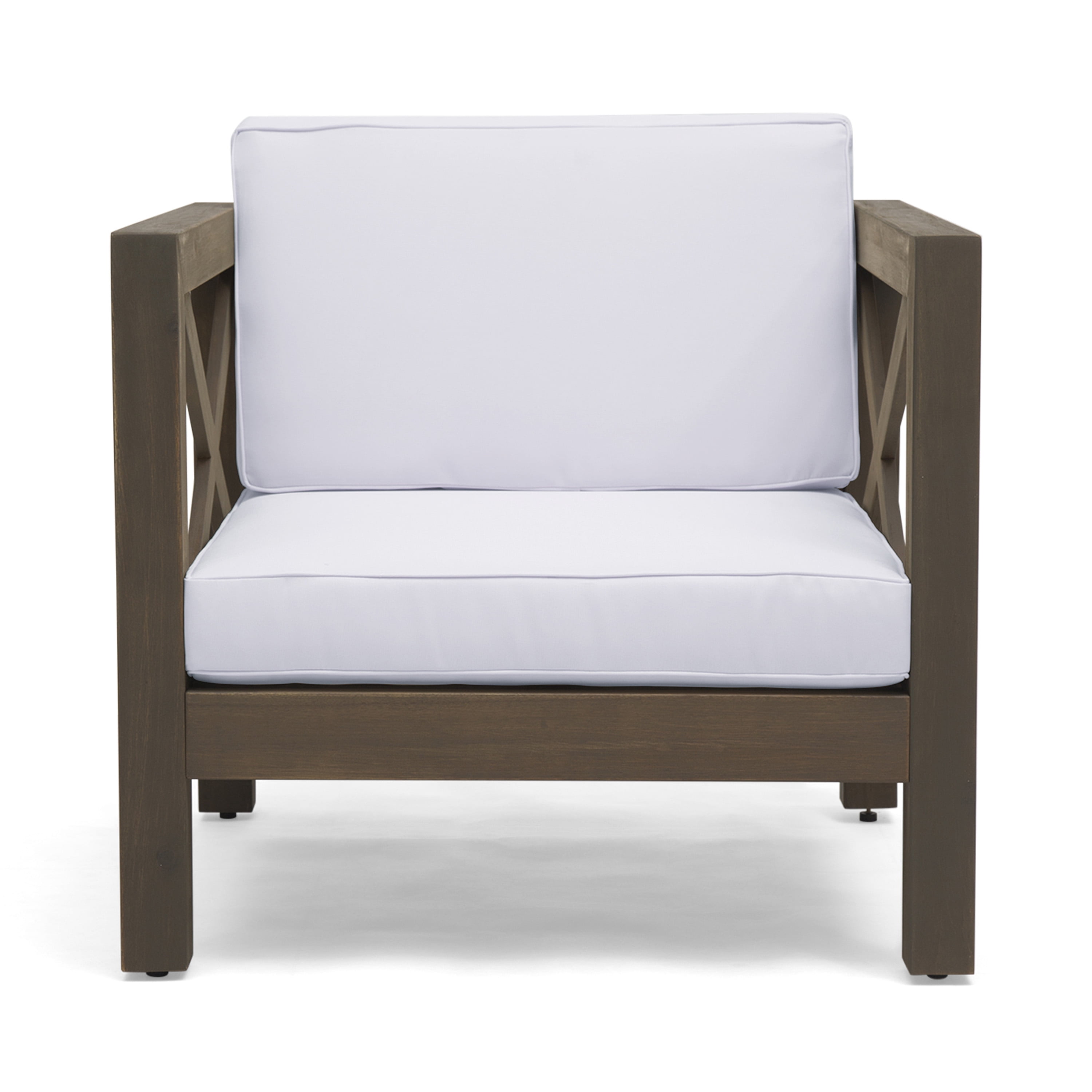 Outdoor Single Leisure Seat Chair, Acacia Wood Frame Relaxing Seat for Patio Garden, White