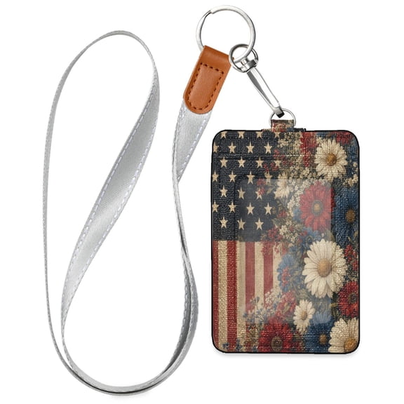 PU Leather Badge Holder Lightweight ID Card Holder with Window Pocket White and Blue Daisies