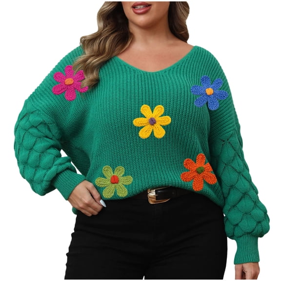 Plus Size Pullover Sweater Womens Fall Floral Sweaters Long Sleeve Casual Tops Trendy Winter Clothes Green, XXL