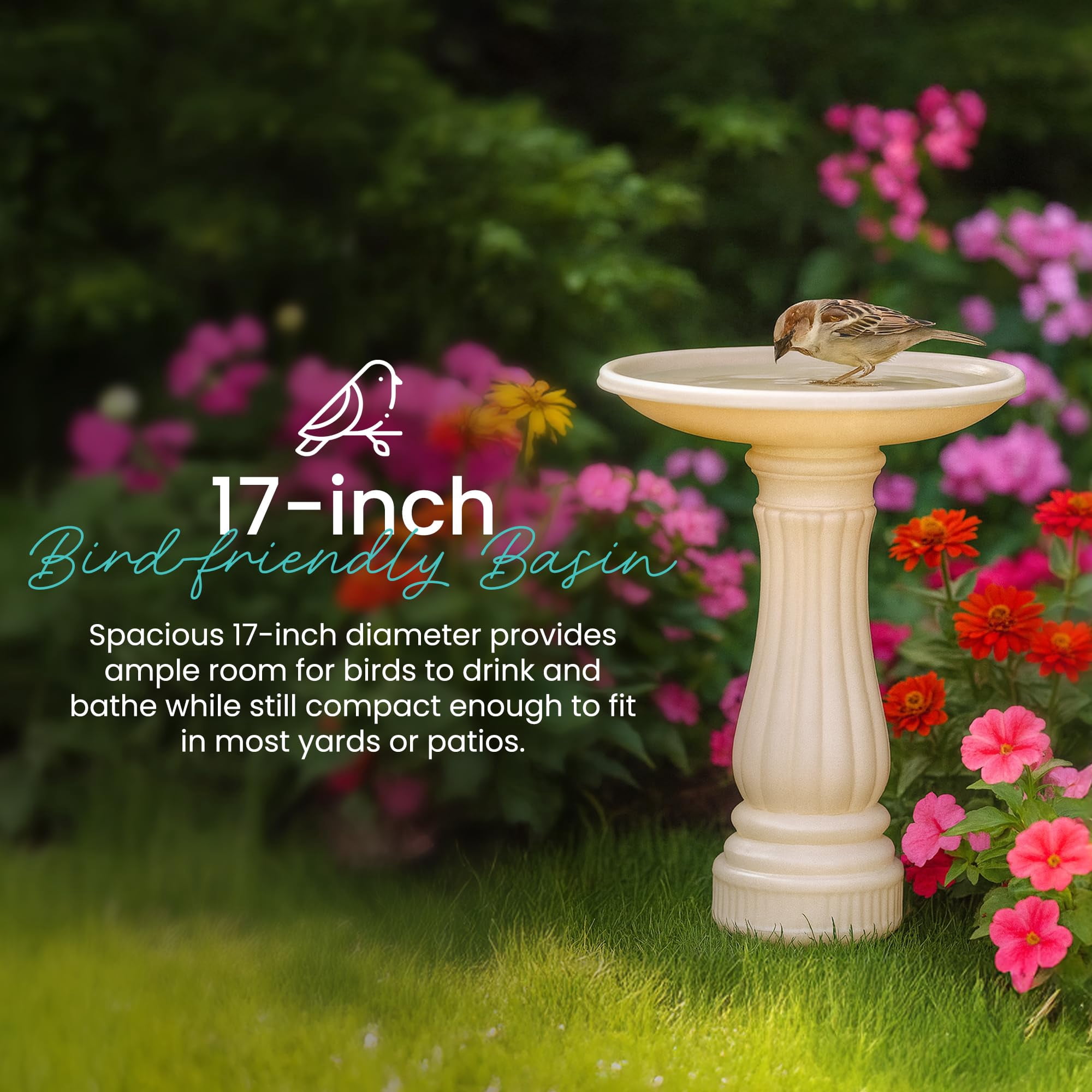 Union Products Bird Bath for Outside, Round Outdoor Patio Lawn and Garden Decor with Fillable Base for Stability, 17"D x 25"H, White