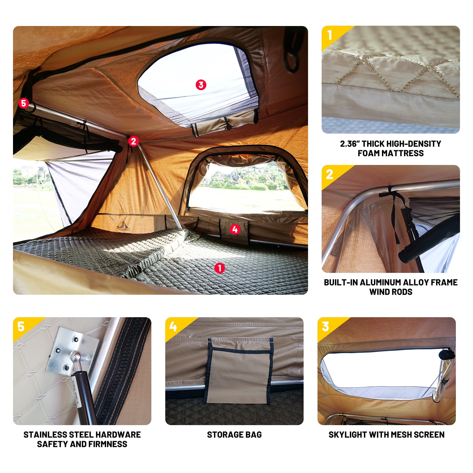WOLFSTORM Universal HardShell Roof Top Tent Outdoor Camping Rooftop Tent Waterproof Tent with Ladder and Sunroof Off-Road Tent for 2-3 Adults Fit Truck SUV Camping