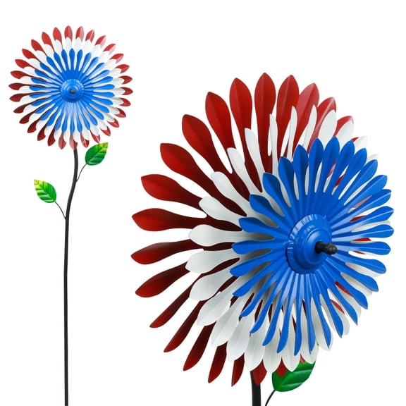 Alpine Corporation 47-inch Patriotic Kinetic Garden Stake Metal with Triple Spinning Feature