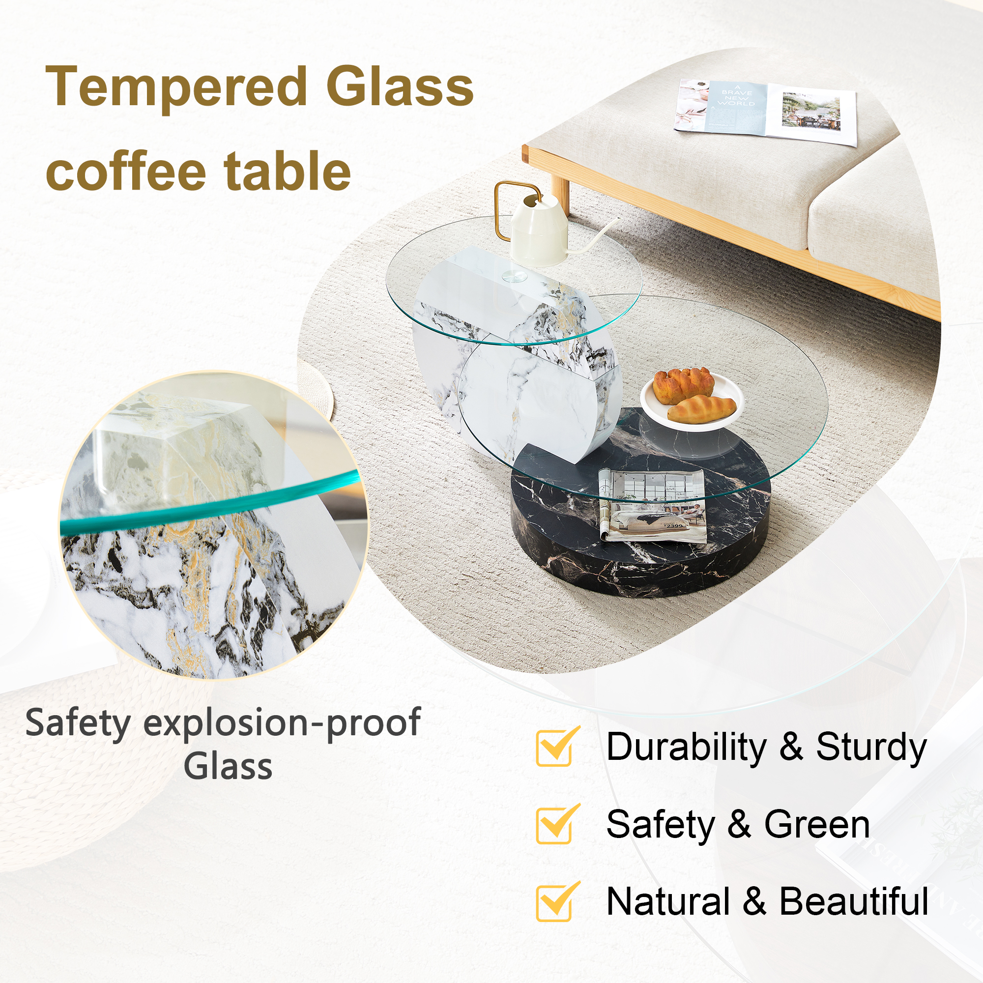 JUFU 35.4" Glass Coffee Table, Modern Round Coffee Table with MDF Faux Marble Base, 2-Tier Tempered Glass Top, Easy to Assemble, Ideal for Living Room, Small Space, Home Office