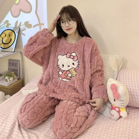 

Cartoon Sanrios Hello Kitty Round Neck Warm Plush Sleepwear Winter Comfortable Household Clothes Woman Soft Coral Velvet Pajamas