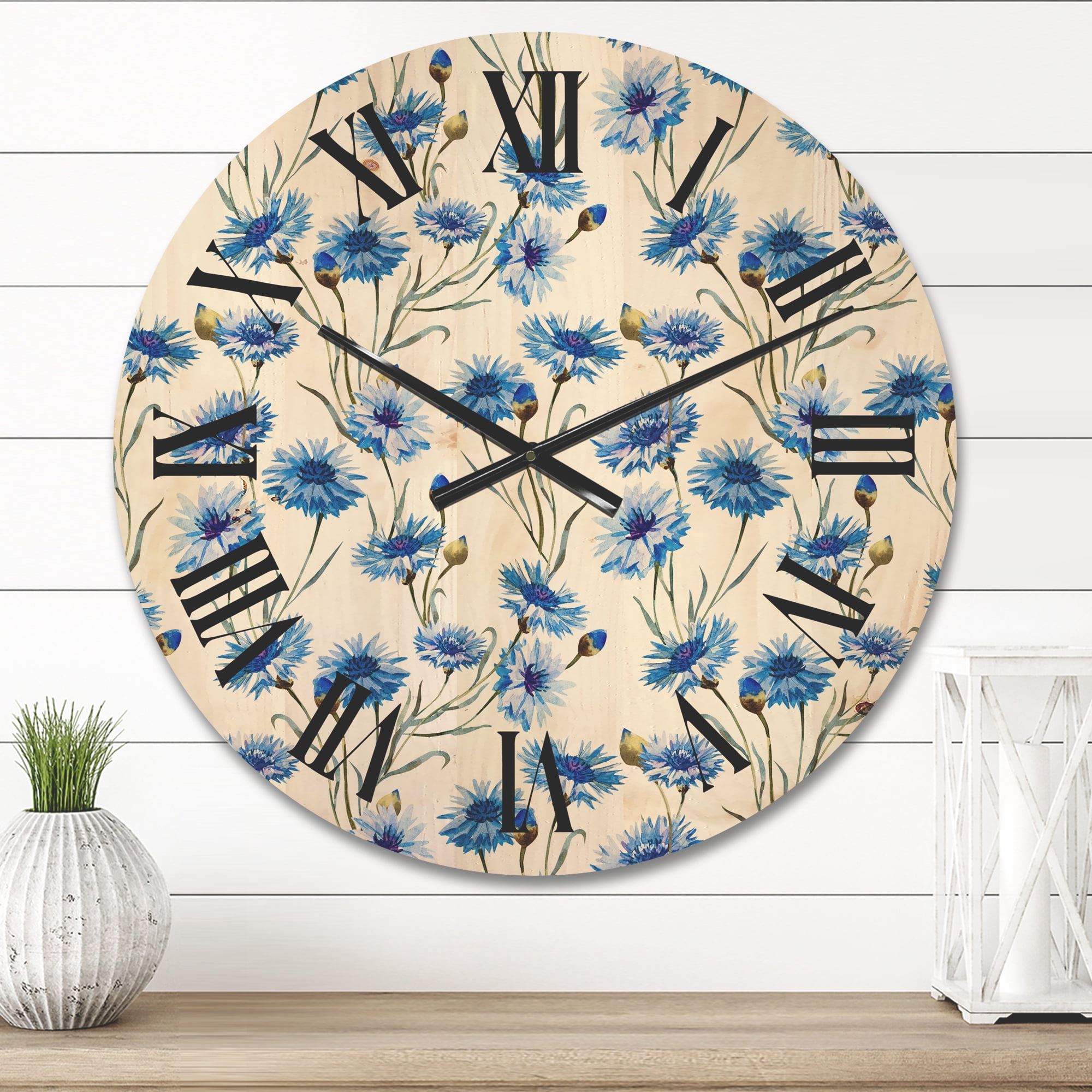 Designart 'Blue Cornflowers With Green Leaves On White II' Traditional Wood Wall Clock