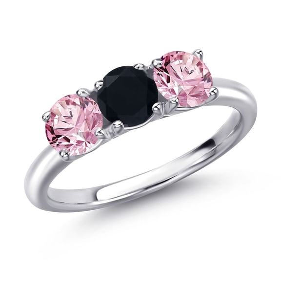 Gem Stone King 925 Sterling Silver Black Onyx and Pink Lab Grown Diamond Engagement Ring for Women | 1.48 Cttw | Round 5MM | Gemstone December Birthstone | Size 7