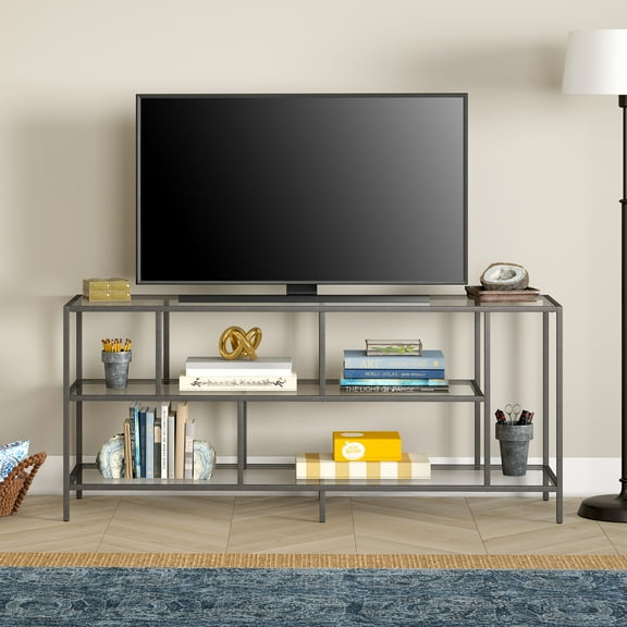 Evelyn&Zoe Winthrop Rectangular TV Stand with Glass Shelves for TV's up to 60", Aged Steel