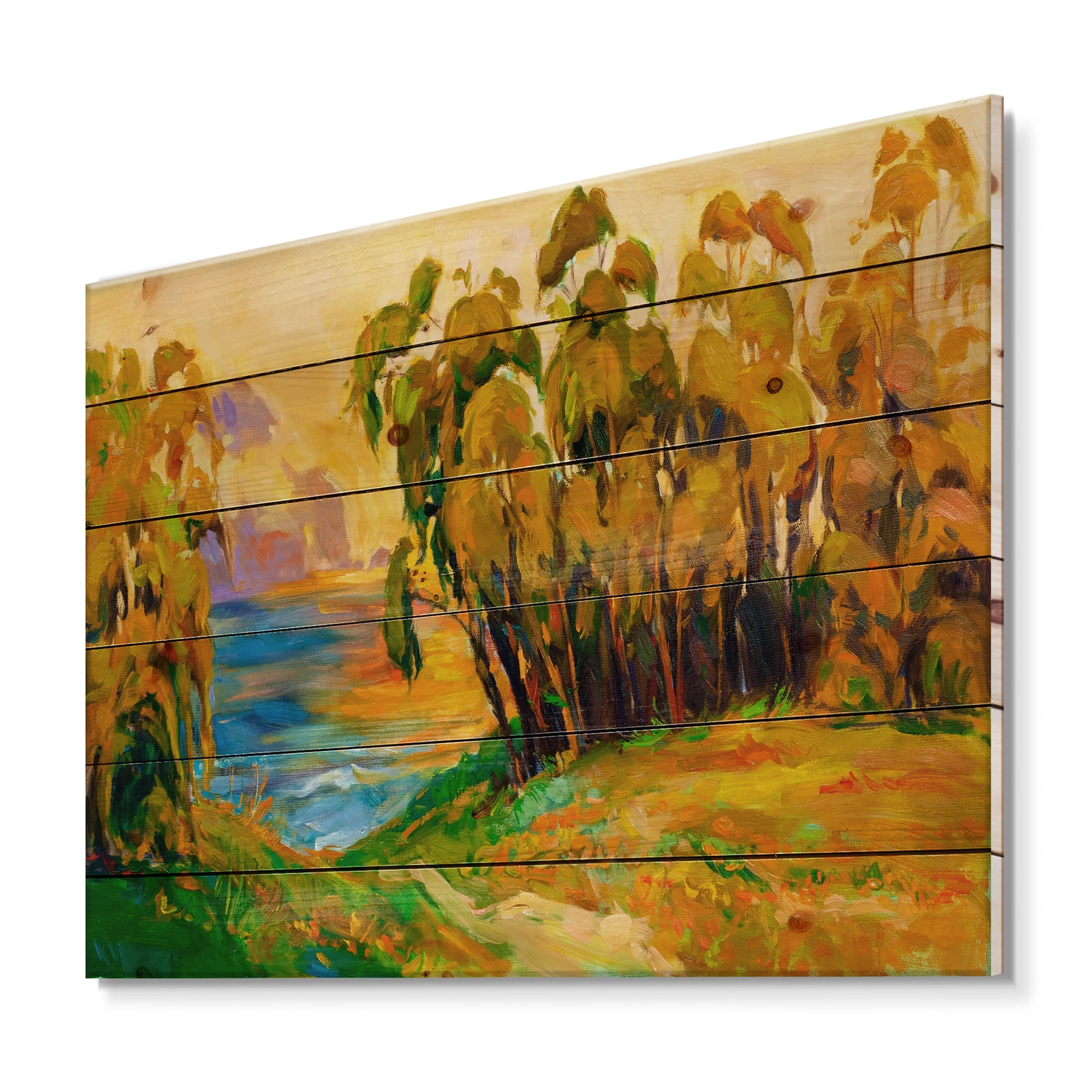 Designart 'Brown Trees By The Riverside During Evenign Glow' Traditional Print on Natural Pine Wood