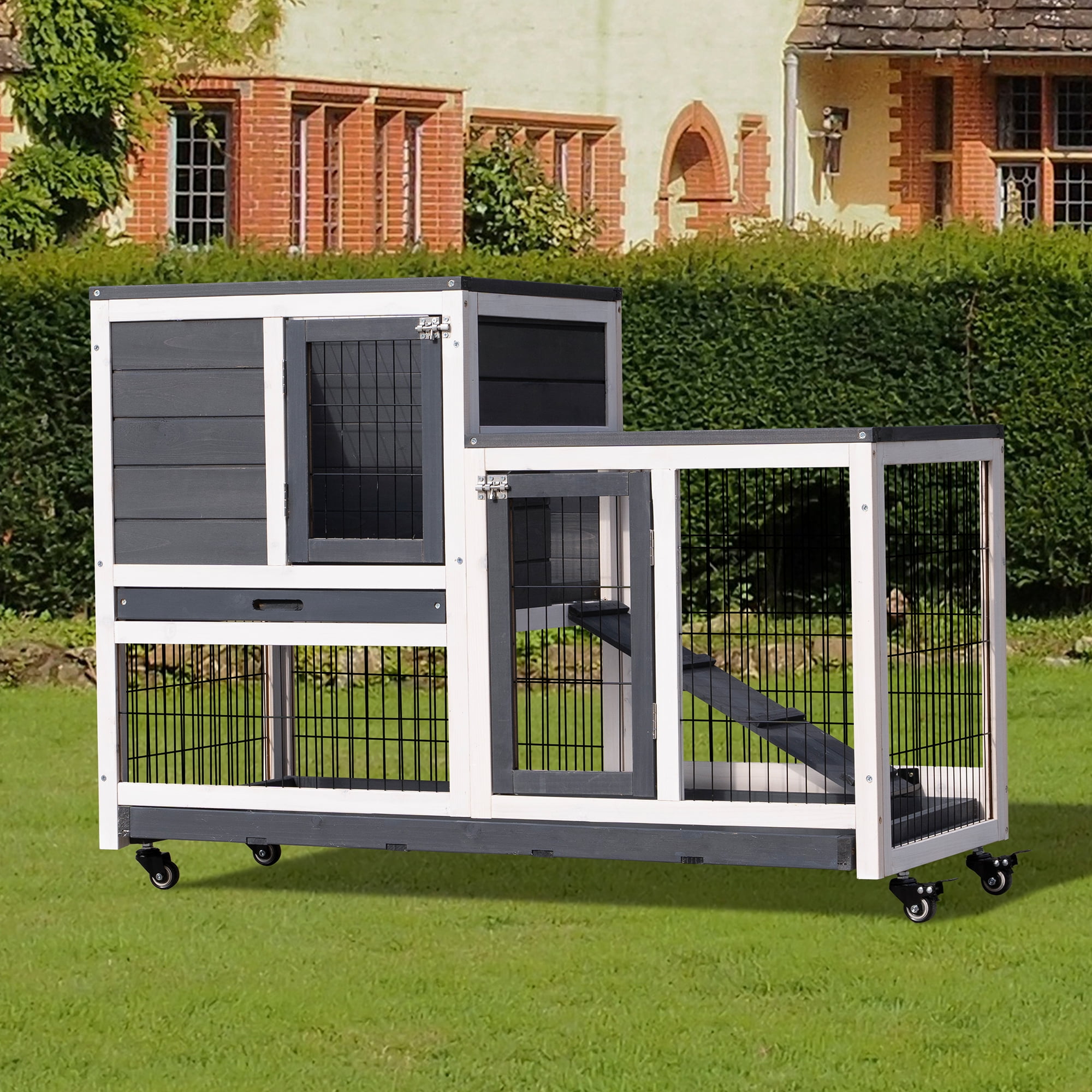 Pefilos 2 Story Design Rabbit Hutches for Outdoor with Wheels Pet Cage with Tray, Fir Wood Construction for Hamster, Guinea Pig, Gray Pefilos 2 Story Design Rabbit Hutches for Outdoor with Wheels Pet Cage with Tray, Fir Wood Construction for Hamster, Guinea Pig, Gray