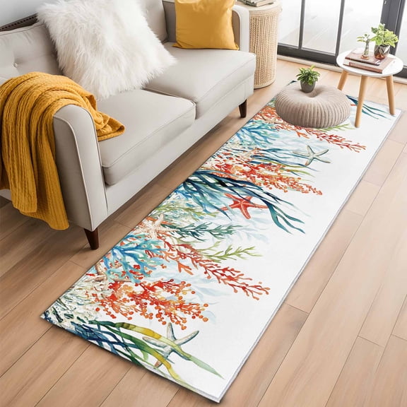 Coastal Ocean Runner Rug 2x6 FT,Non Slip Hallway Rugs,Summer Beach Coral Starfish Seagrass Washable Soft Floor Carpet Throw Runner Carpet Long Rugs for Entryway Kitchen Bedside Sliding Door