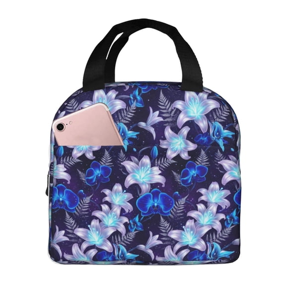 Floral Insulated Lunch Bag For Women Ladies, Reusable Thermal Meal Bag And Cooler Tote For Professional Office Work Business Travel, Portable Ladies Lunch Box, Starry Lily Design