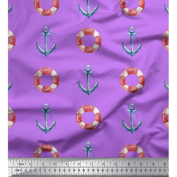 Soimoi Purple Velvet Fabric Life Ring & Anchor Hook Nautical Print Sewing Fabric Yard 58 Inch Wide