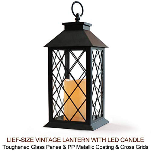 Tabletop Lantern Decorative LED Candle Lantern Outdoor Hanging Lanterns with Timer Candles Bright Zeal 2-Pack 14 Distressed Bronze Vintage Candle Lantern with LED Flickering Flameless Candle