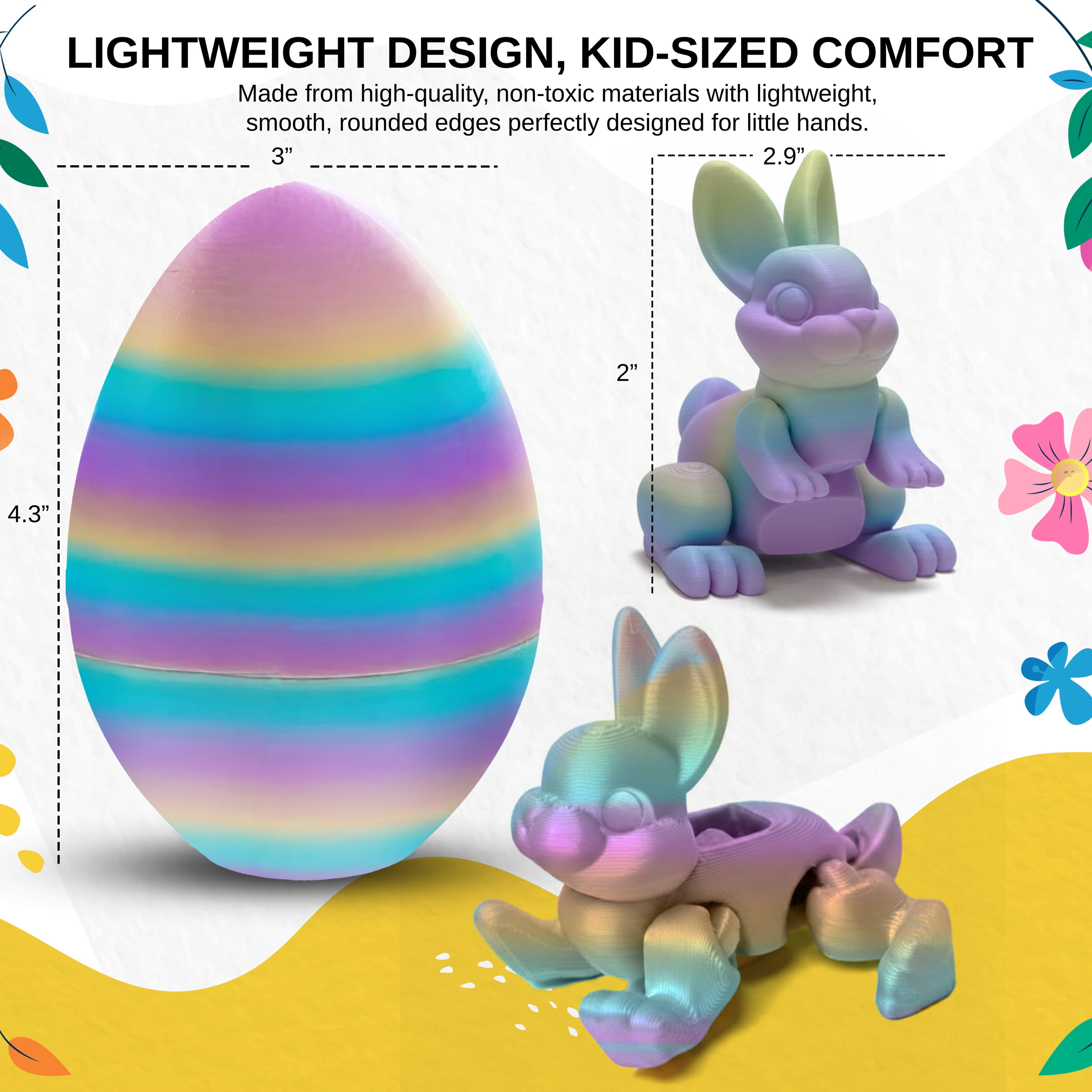 Sperric 3D Printed Bunny Surprise Eggs, 4.3” Prefilled Easter Egg with Articulated Bunny Fidget Toys, Easter Egg Toy Basket Stuffers for Kids, 2-Pack