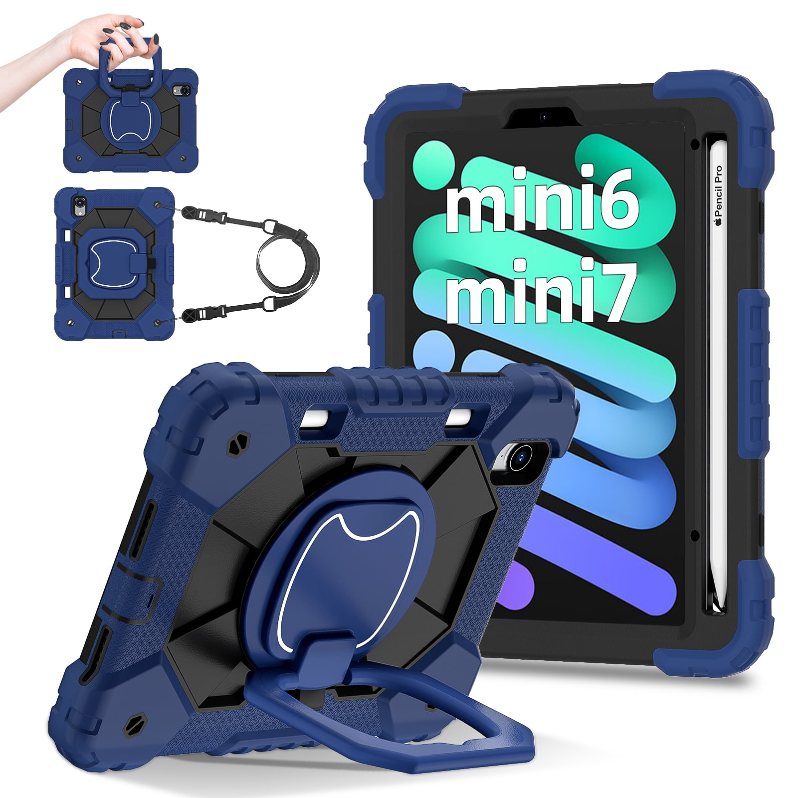 Dteck with Pencil Holder Case for mini A17 Pro 2024,iPad mini 6th Generation 8.3 inch Heavy Duty Silicone Case 360 Degree Rotating Handle Stand Cover with Shoulder Strap,Navy+Black