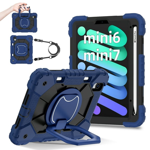 Heavy Duty Shockproof Hard Tablet Case for iPad Mini 8.3" (A17 Pro/6th Generation), 3 Layers Rugged Case with Rotatable Kickstand/Handle/Pen Holder/Shoulder Strap, Blue Black