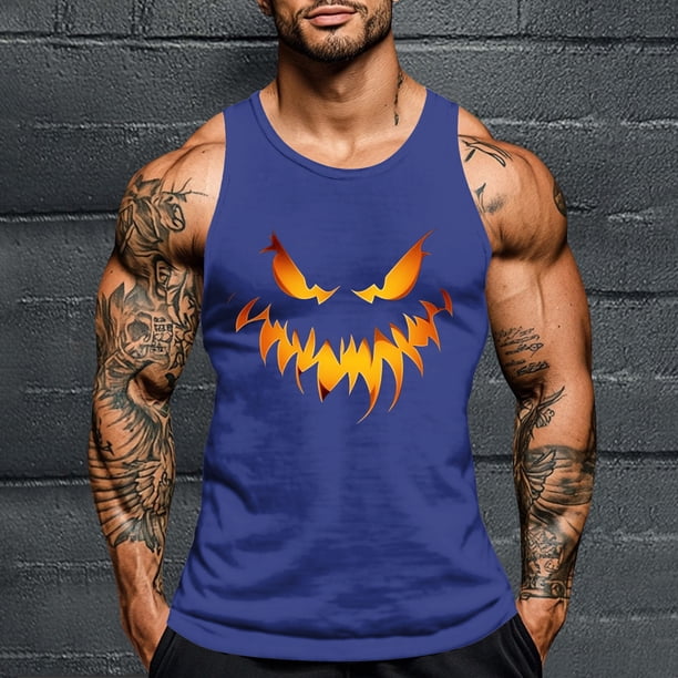 Camiseta sin mangas de cuello redondo para hombre, con estampado de Halloween, cuello redondo, estilo informal, deportiva, para hombre