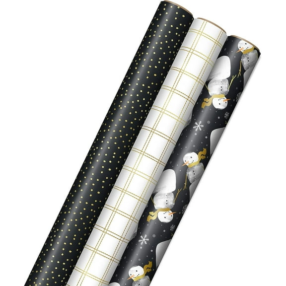 3 Rolls Christmas Wrapping Paper Retro Santa Black and White Buffalo Plaid Train Trees Festive Gift Wrap Paper, 58x23 inch