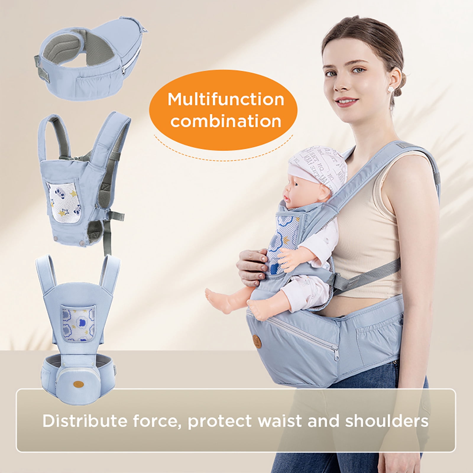 Babyltrl 6-in-1 Baby Carrier with Hip Seat, Ergonomic Baby Wraps Carrier, Head Support and Breathable Mesh for Newborn Toddlers up to 44 lbs, Blue