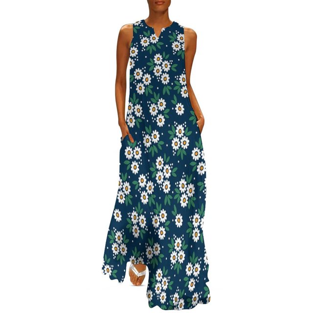 Robe Marguerites Rouges et Blanches Florale Vintage Maxi Robe Streetwear Décontractée Longues Robes Femmes Sans Manches Motif Grande Taille Vestidos