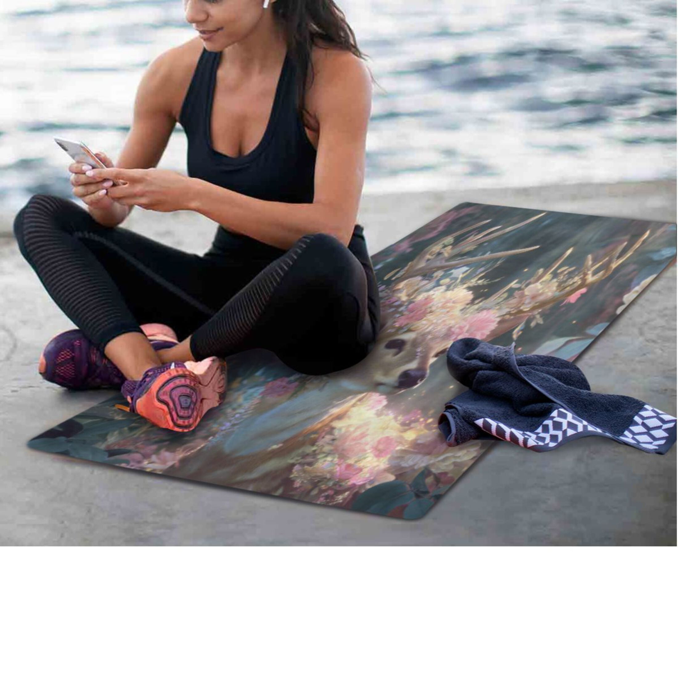 BZSMCE Yoga Mat Women Fitness Mat Floral Crowned Deer in Bloom Pattern