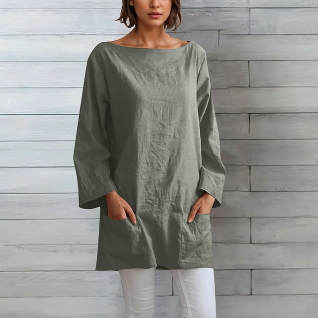 Soki Womens Linen Long Sleeve Short Dresses Round Neck with Pockets